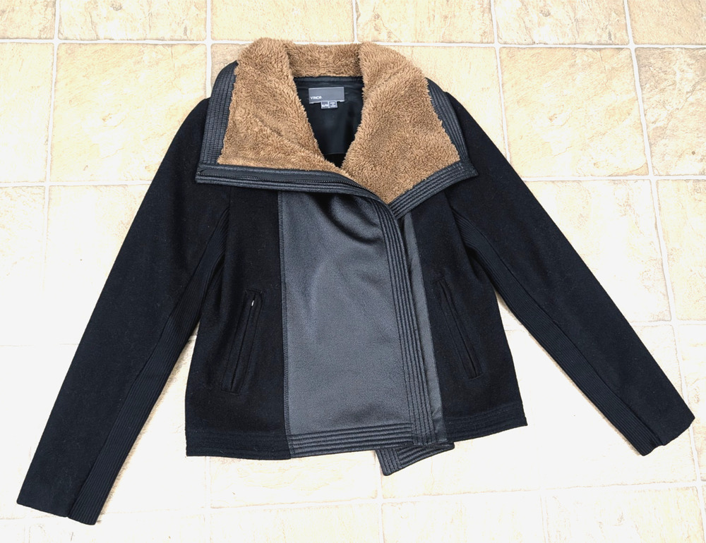 Vince sz XL Moto Jacket wool blend asymmetric faux leather black zips 4516